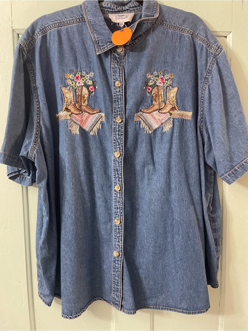 Vintage Denim Embroidered Cowboy Boots Button-Up Shirt - Blue
